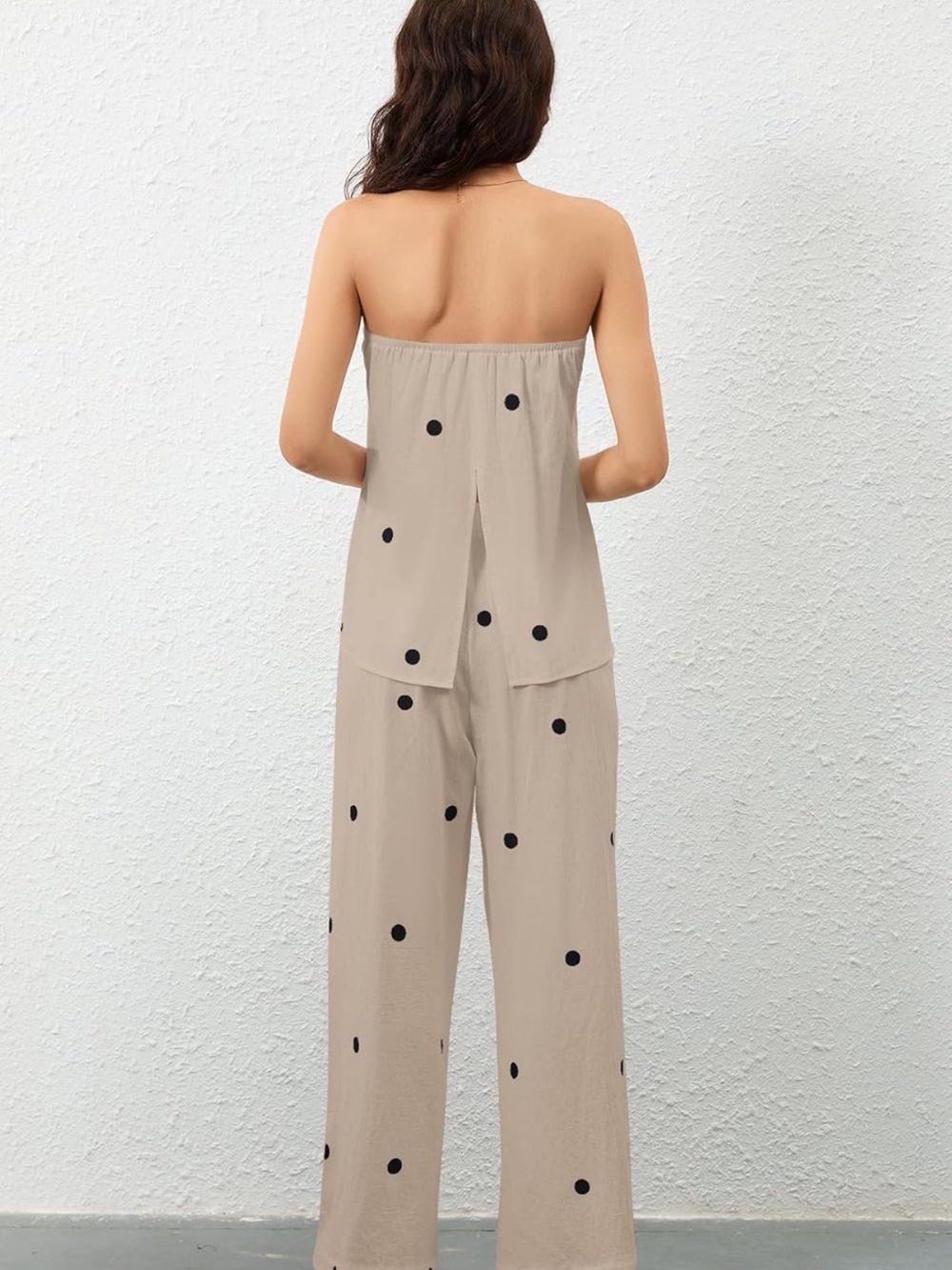 SET Strapless Tunic Tank Top Polka Dot Wide-Leg Pants - Beige - Picture 3 of 3